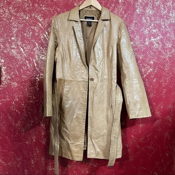 EXPRESS Y2K Vintage Camel Tan Belted Leather Jacket Trench Coat 12